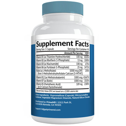 Methylated B Complex with Methylfolate and B12 Methylcobalamin 1000 mcg - Methylated Multivitamin for Energy, Brain Function, and Wellness - Vitamin B Complex for Men & Women (90 Servings) (Pack of 1)