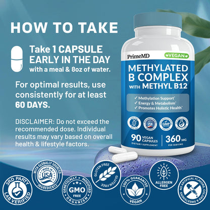 Methylated B Complex with Methylfolate and B12 Methylcobalamin 1000 mcg - Methylated Multivitamin for Energy, Brain Function, and Wellness - Vitamin B Complex for Men & Women (90 Servings) (Pack of 1)