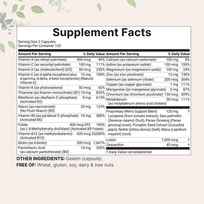 Pure Methylated Multivitamin for Men, 240 Capsules | 30 Key Nutrients with Vitamin C, D, E, B Complex + Methylfolate, lycopene, Saw Palmetto, Ginseng, & Maca | Men’s Daily Support | Filler Free