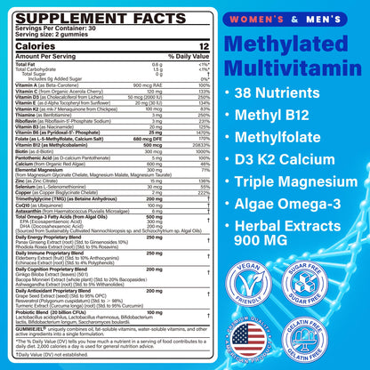 Vegan Methylated Multivitamin Gummies for Women & Men – Sugar Free, Omega-3, D3 K2, Methylfolate & B12