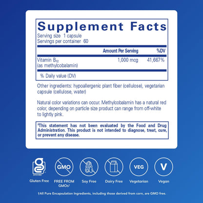 Pure Encapsulations Methylcobalamin 1,000 mcg – Vitamin B12 for Memory & Nerve Health – 60 Capsules