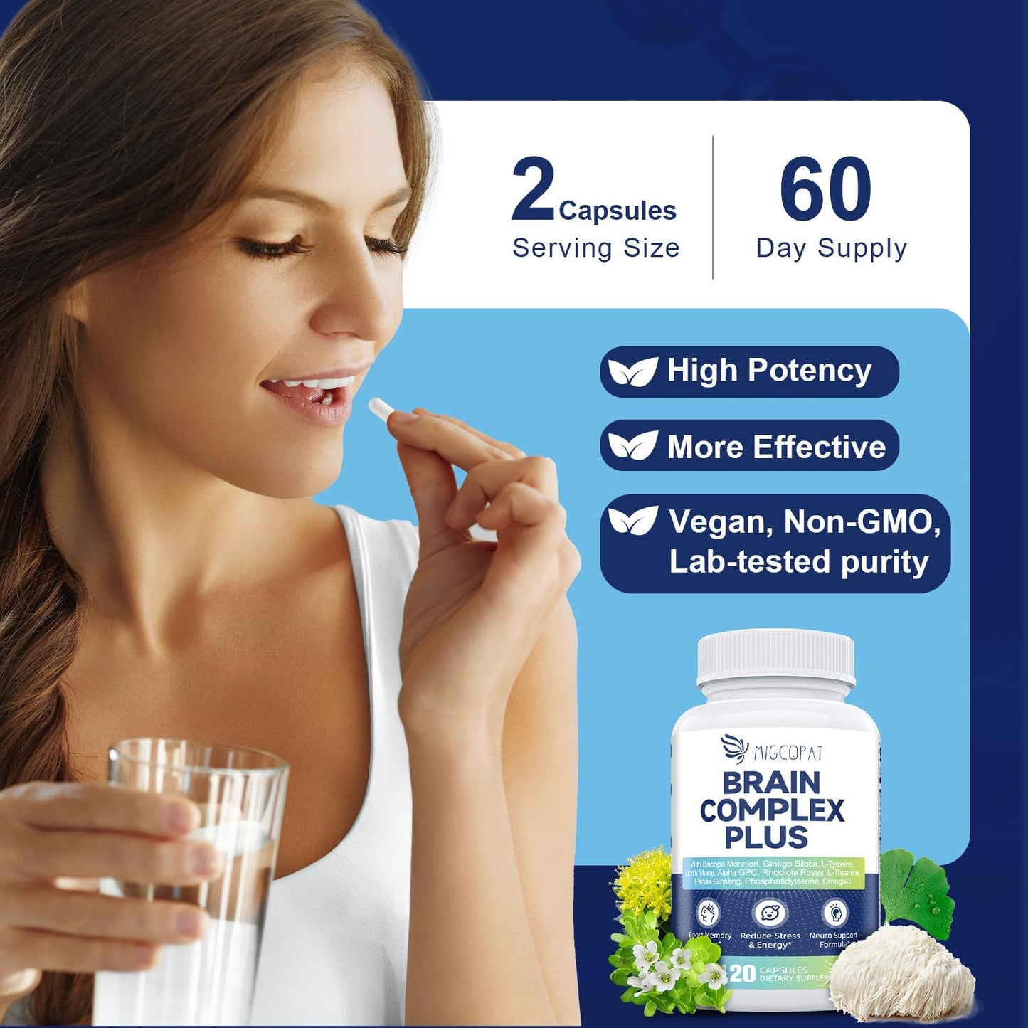 Brain Supplements for Memory & Focus – Nootropic with Bacopa Monnieri, Lion's Mane, Alpha GPC & Ginkgo (120 Caps)