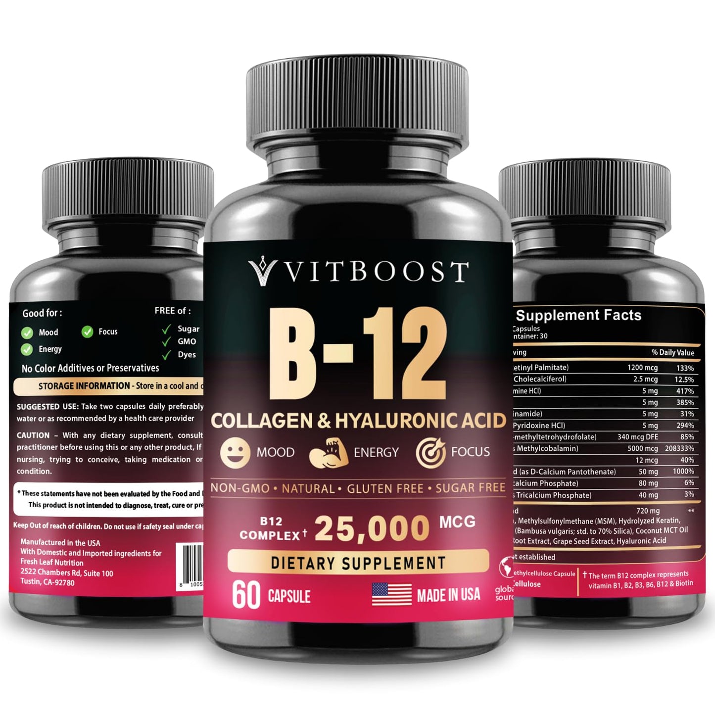 B12 25,000 mcg Complex with Hyaluronic Acid, Collagen & Folate – 60 Caps | USA Made
