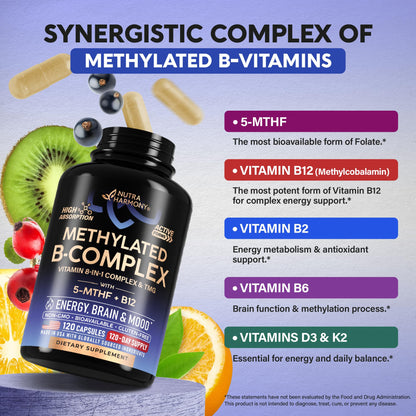 Vitamin B Complex Methylated – 9-in-1 B Vitamins for Energy, Brain & Mood | Vegan | Made in USA | 120 Capsules