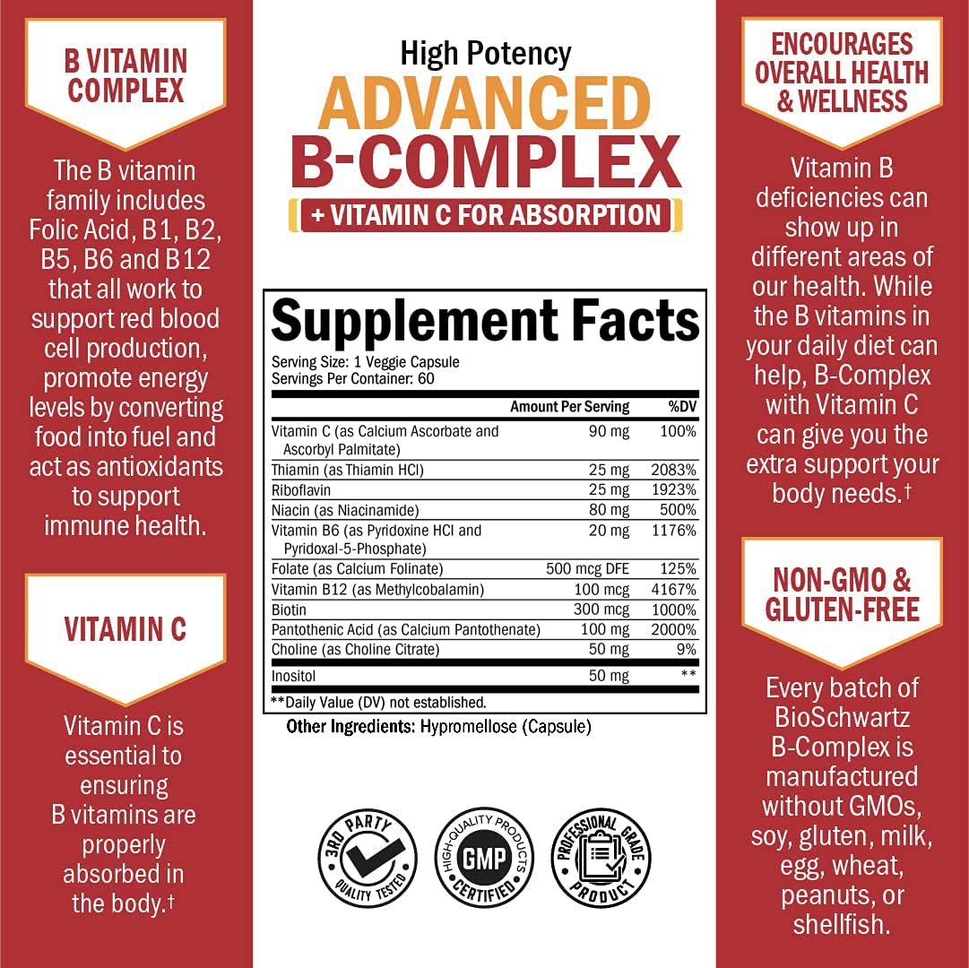 Vitamin B Complex with Vitamin C for Maximum Absorption – B12 & Folate