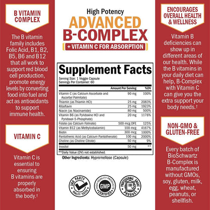 Vitamin B Complex with Vitamin C for Maximum Absorption – B12 & Folate