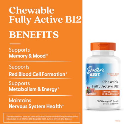 Doctor's Best Chewable Methyl B12 (Methylcobalamin) – Energy, Mood & Memory Support | Vegan, Non-GMO, Gluten Free | 60 Tablets