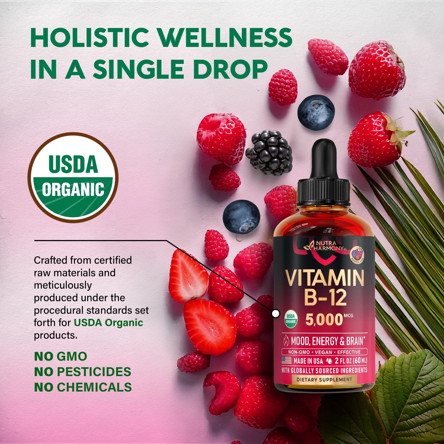 USDA Organic Vitamin B12 Sublingual Drops 5000 mcg – Vegan Methylcobalamin