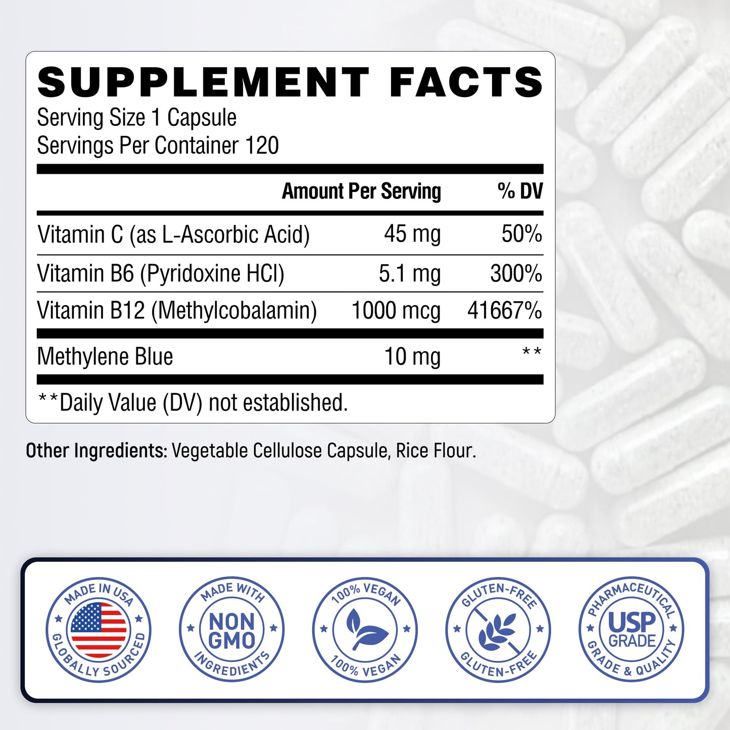 LCG LABS Methylene Blue 10 mg Capsules – Vitamin C, B6 & B12 – Energy, Brain & Focus – Made in USA (120 Capsules, 4-Month Supply)