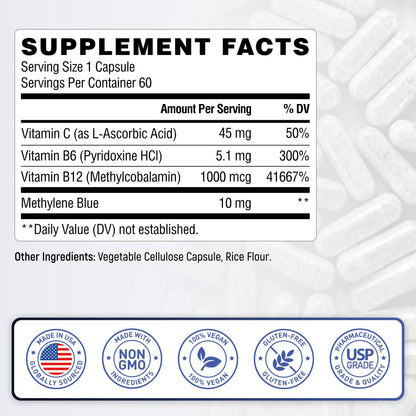 Methylene Blue Pharmaceutical Grade 10 mg - 60 Capsules | Made in USA - 2 Month Supply