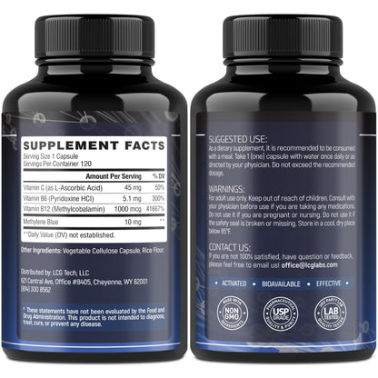 LCG LABS Methylene Blue 10 mg Capsules – Vitamin C, B6 & B12 – Energy, Brain & Focus – Made in USA (120 Capsules, 4-Month Supply)