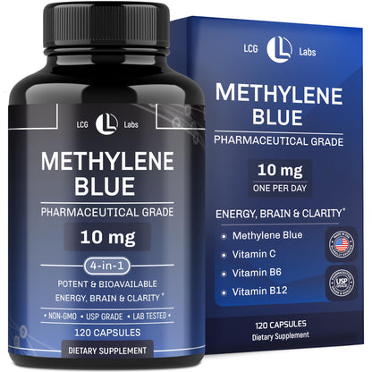 LCG LABS Methylene Blue 10 mg Capsules – Vitamin C, B6 & B12 – Energy, Brain & Focus – Made in USA (120 Capsules, 4-Month Supply)