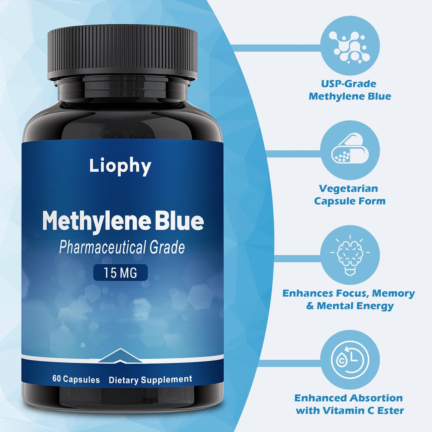 Liophy Methylene Blue Capsules – Premium 99% Methylene Blue with Vitamin C Ester | 60 Capsules Dietary Supplement