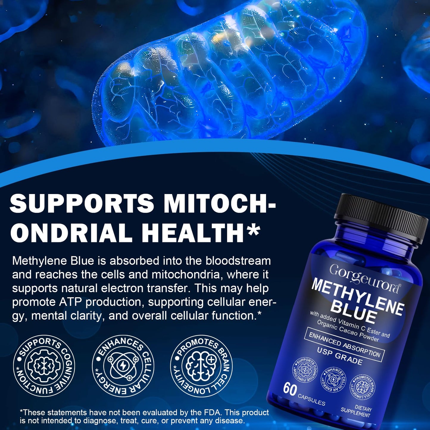 Methylene Blue Capsules 60p – Vitamin C Ester for Enhanced Absorption | Brain Health, Memory, Focus, Clarity, Energy