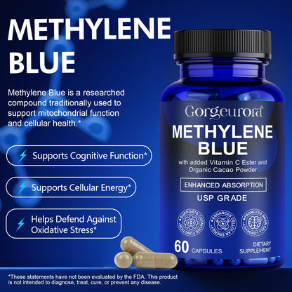 Methylene Blue Capsules 60p – Vitamin C Ester for Enhanced Absorption | Brain Health, Memory, Focus, Clarity, Energy