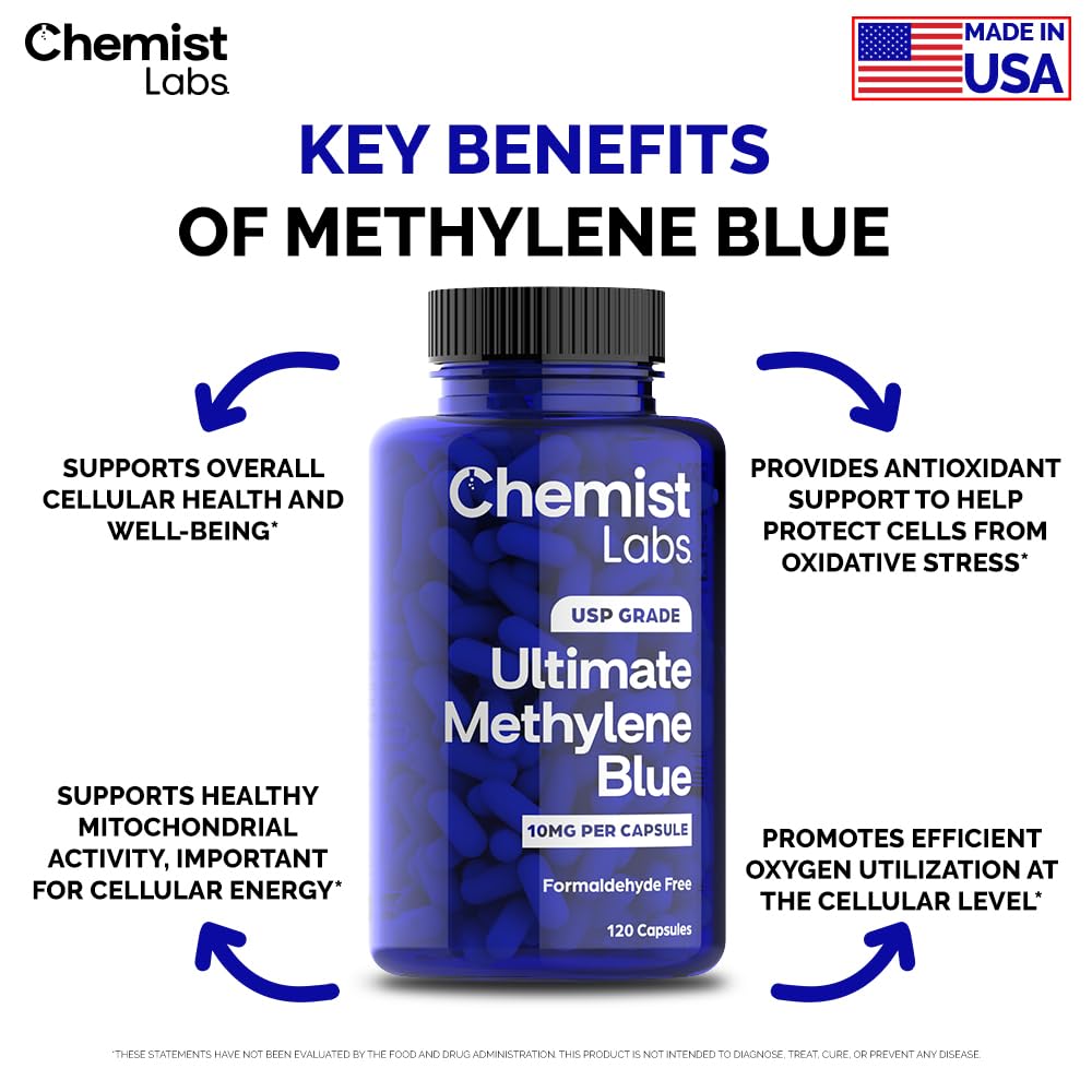 Chemist Labs Methylene Blue Capsules – USP Grade 99% Purity, Made in USA (120 Count)