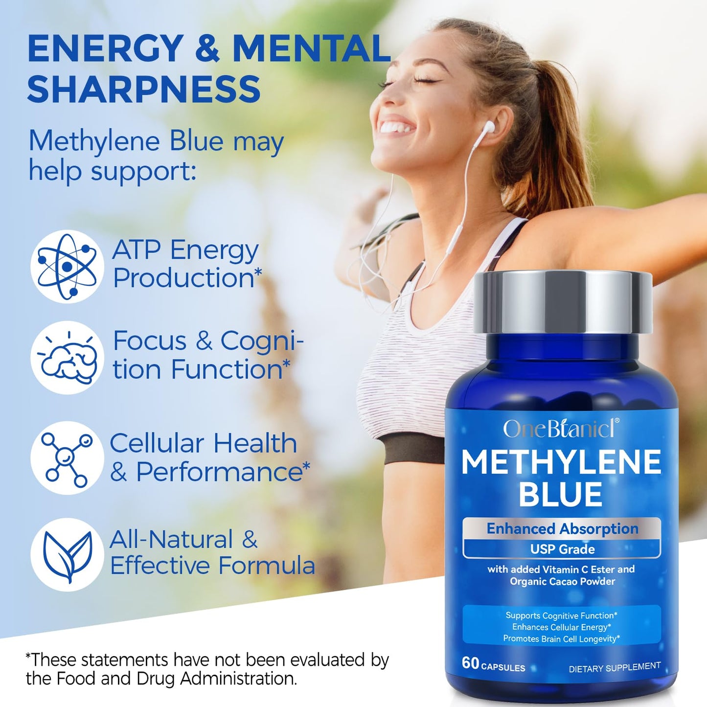 Methylene Blue Pharmaceutical Grade Capsules (60 Count) – Vitamin C Ester & Cocoa for Focus & Antioxidant Support