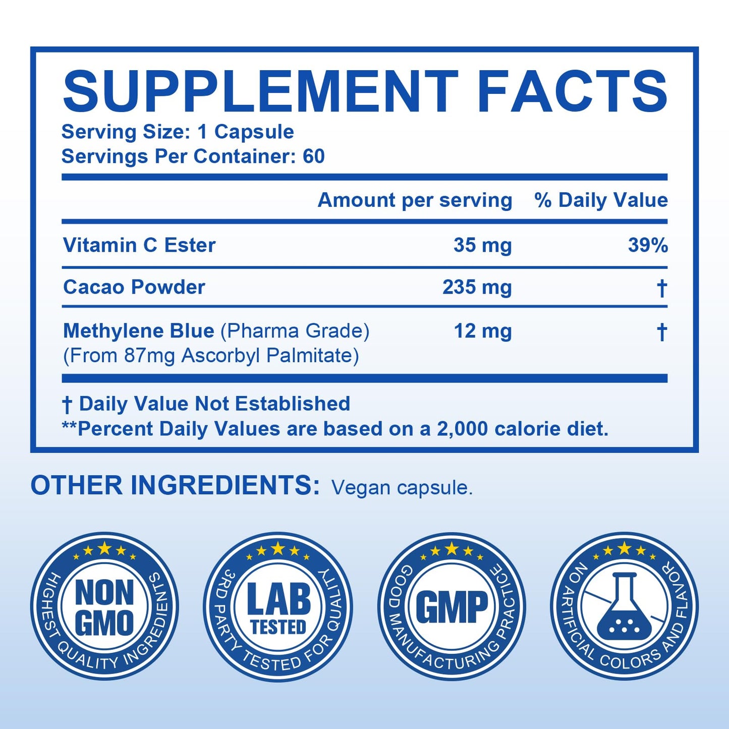 Methylene Blue Pharmaceutical Grade Capsules (60 Count) – Vitamin C Ester & Cocoa for Focus & Antioxidant Support