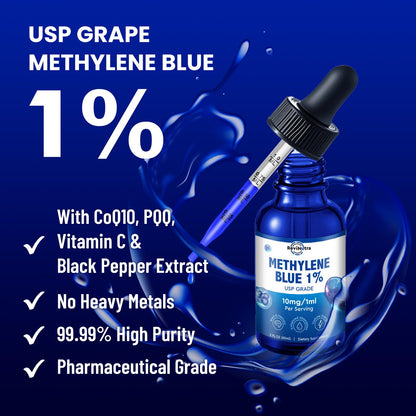 Methylene Blue Drops | USP Grade 1% Liquid for Brain Health — CoQ10, PQQ, Vitamin C, Piperine | 2 fl oz