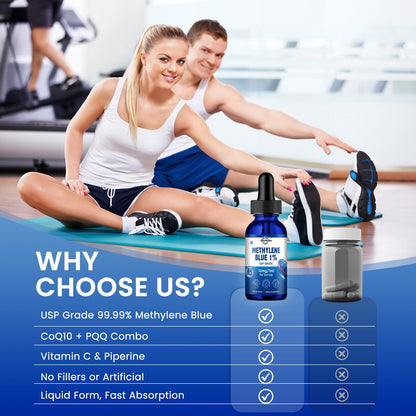 Methylene Blue Drops | USP Grade 1% Liquid for Brain Health — CoQ10, PQQ, Vitamin C, Piperine | 2 fl oz