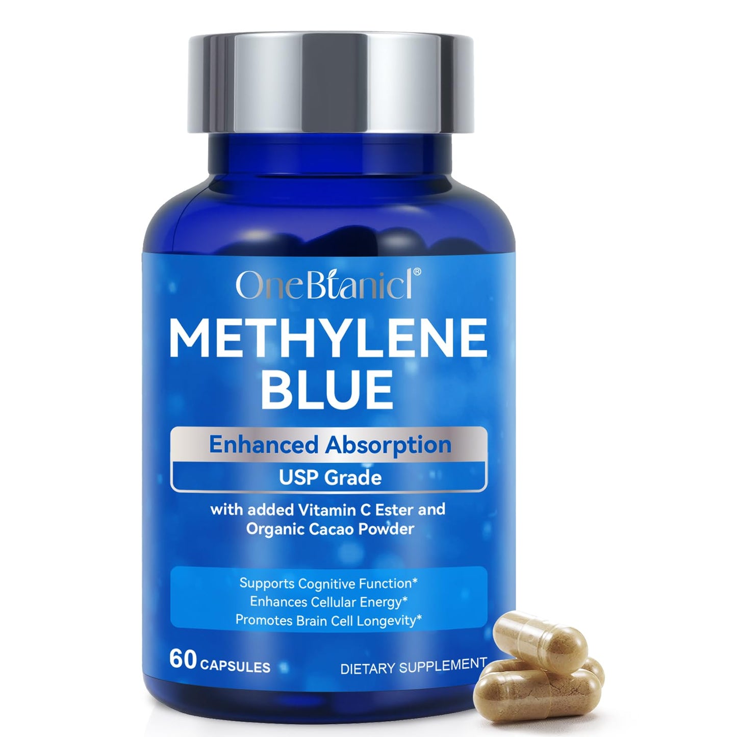 Methylene Blue Pharmaceutical Grade Capsules (60 Count) – Vitamin C Ester & Cocoa for Focus & Antioxidant Support