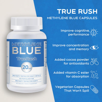 Methylene Blue USP-Grade Capsules 20mg - 60 Vegan Capsules with Vitamin C Ester and Organic Cacao