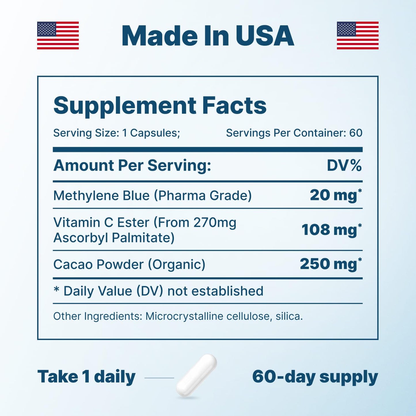 Ultimate Methylene Blue Capsules 20mg – Focus, Memory & Brain Health | Pharmaceutical Grade 2% (60 Count)