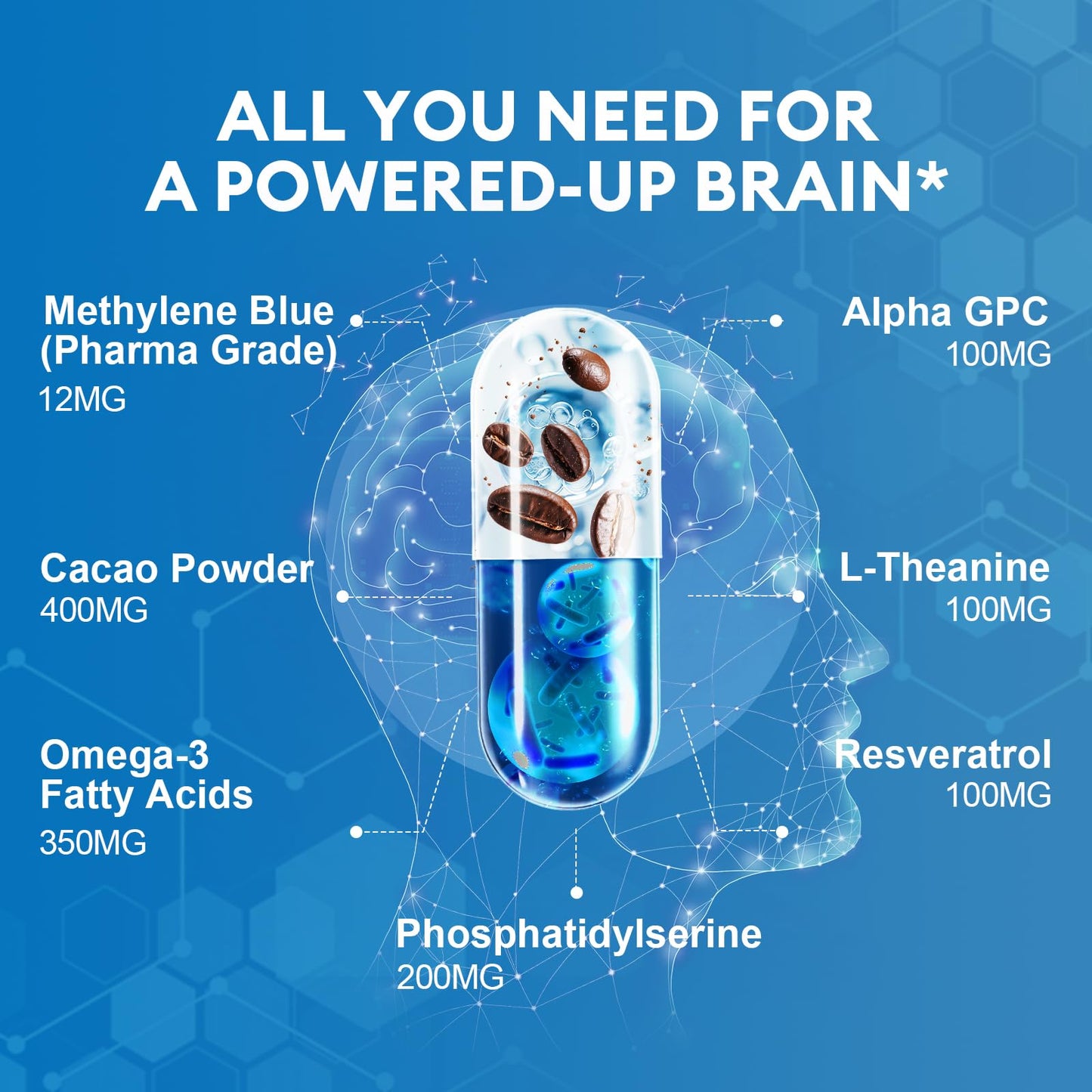 USP Pharmaceutical Grade Methylene Blue Capsules with Resveratrol – Brain Support, 120 Capsules