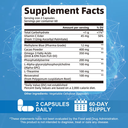 USP Pharmaceutical Grade Methylene Blue Capsules with Resveratrol – Brain Support, 120 Capsules