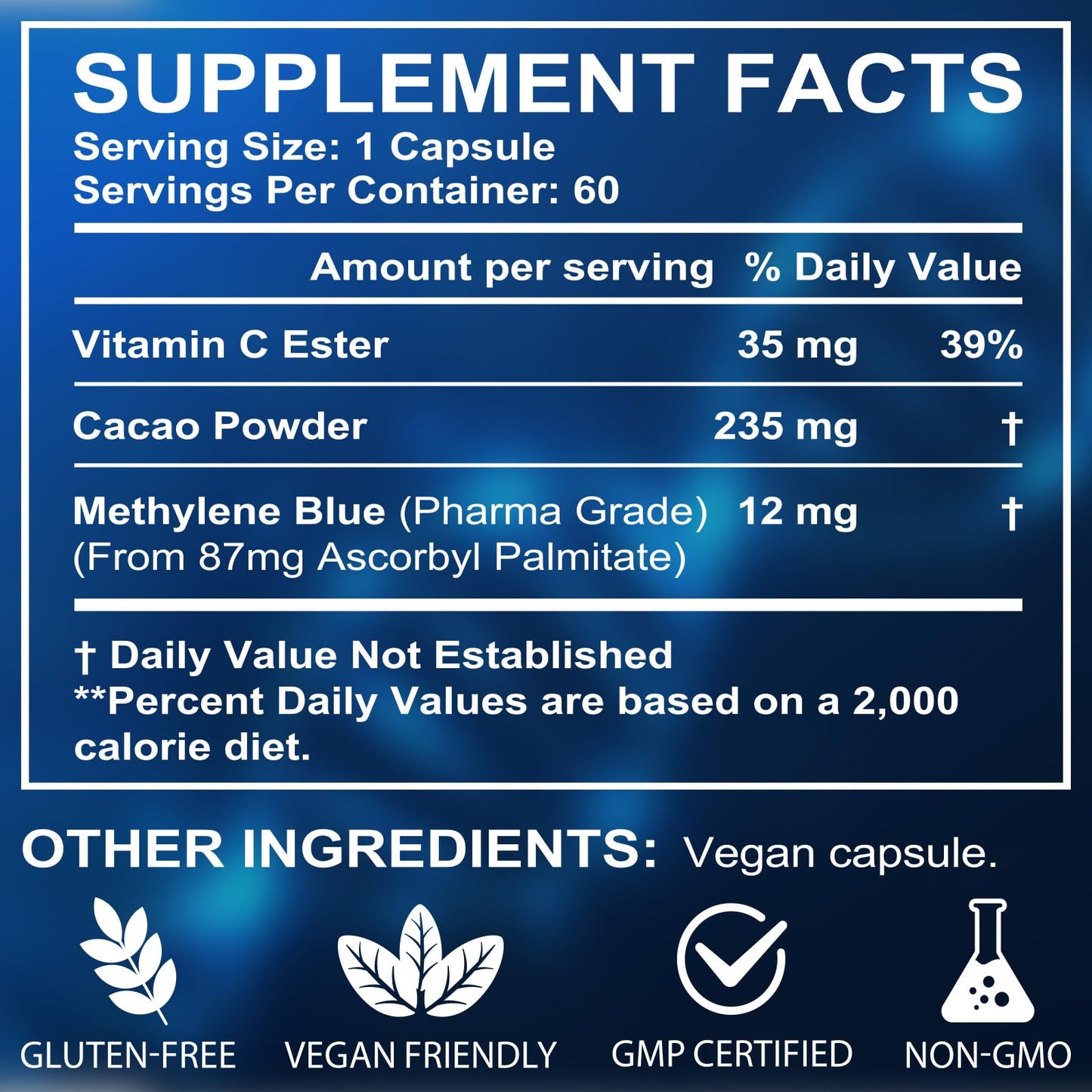 Methylene Blue Capsules 12 mg with Vitamin C Ester – 60 Capsules