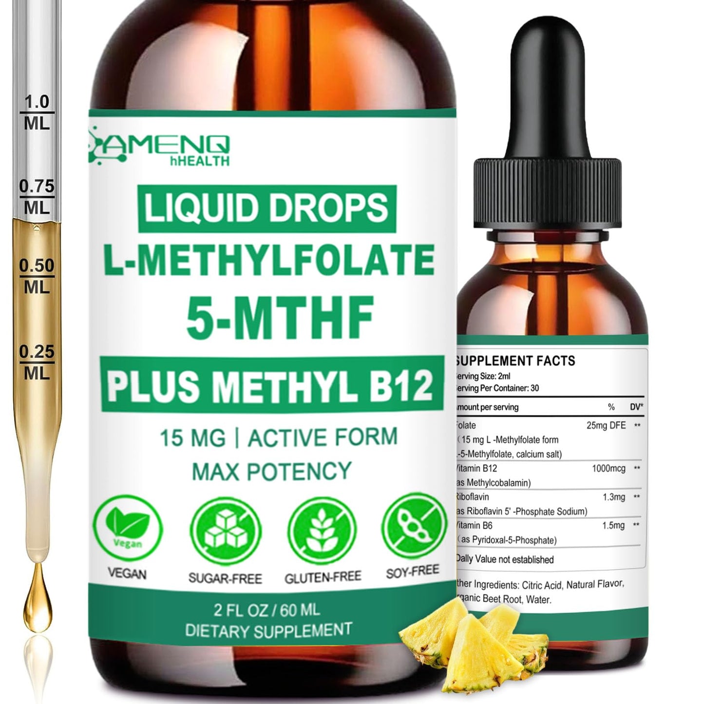 Methylfolate Liquid Drops 15mg – L-Methyl Folate 5-MTHF + B Vitamins for Mood & Energy