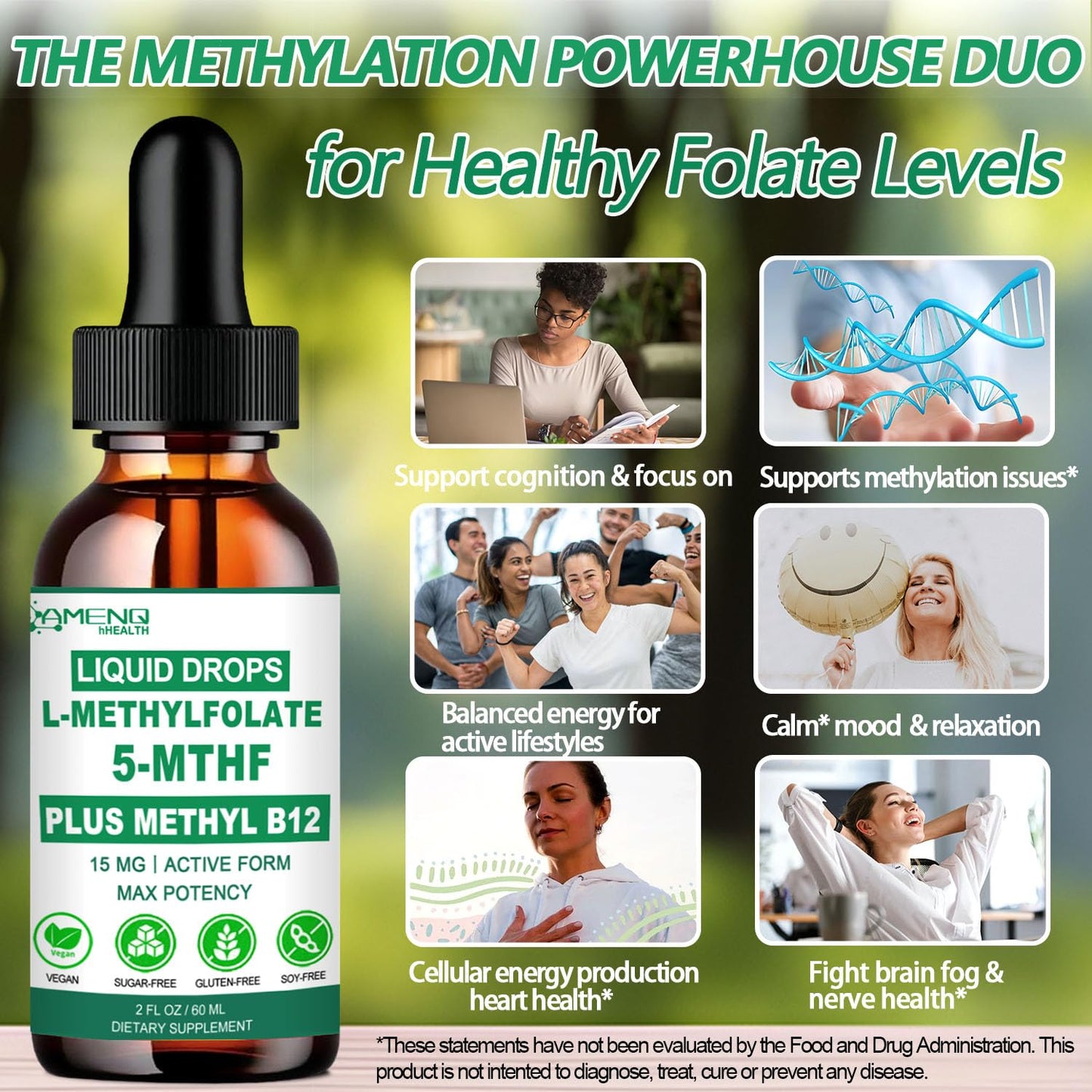 Methylfolate Liquid Drops 15mg – L-Methyl Folate 5-MTHF + B Vitamins for Mood & Energy