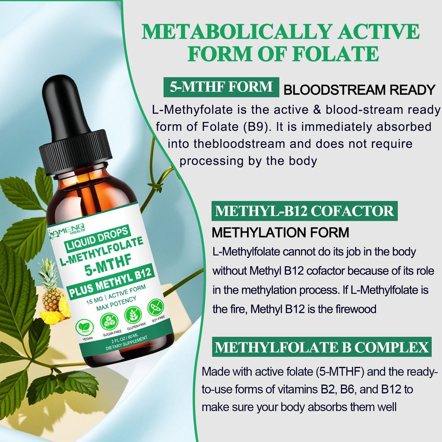 Methylfolate Liquid Drops 15mg – L-Methyl Folate 5-MTHF + B Vitamins for Mood & Energy