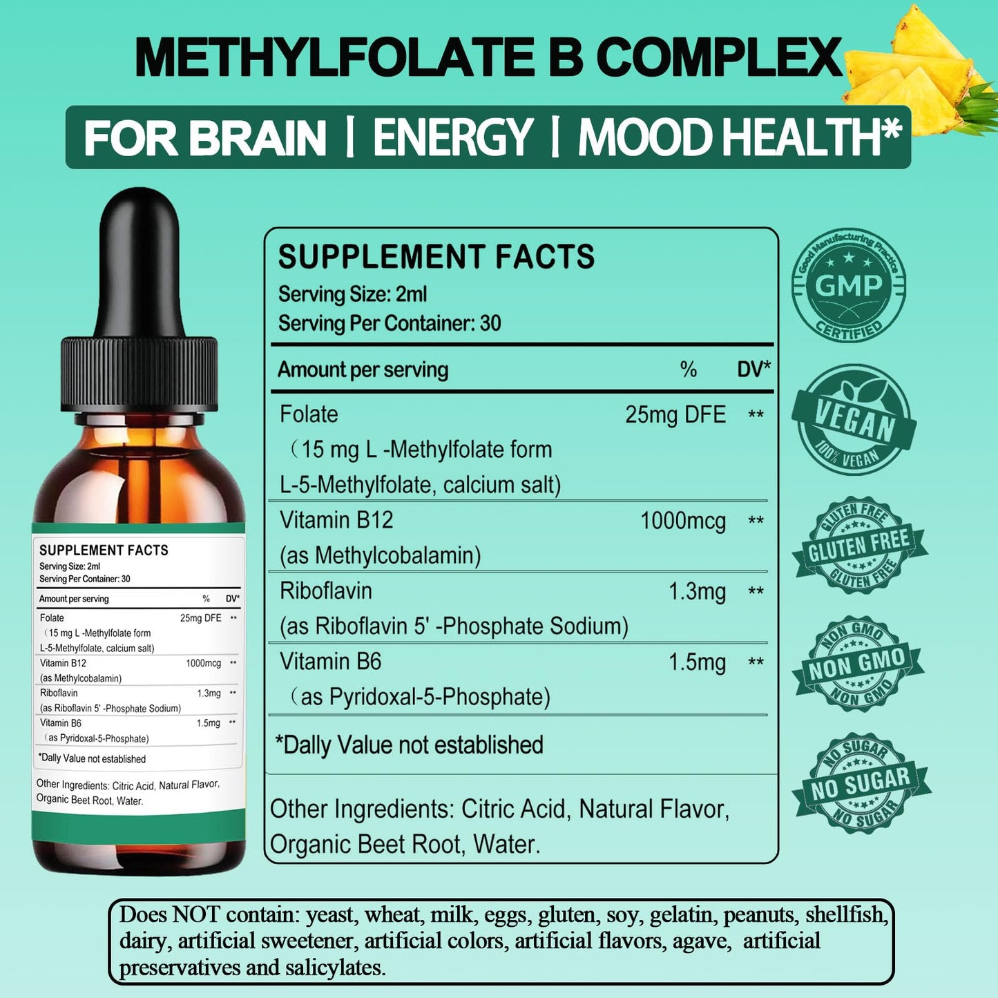 Methylfolate Liquid Drops 15mg – L-Methyl Folate 5-MTHF + B Vitamins for Mood & Energy