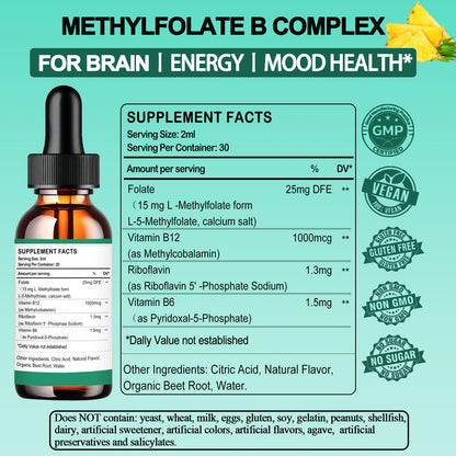 Methylfolate Liquid Drops 15mg – L-Methyl Folate 5-MTHF + B Vitamins for Mood & Energy