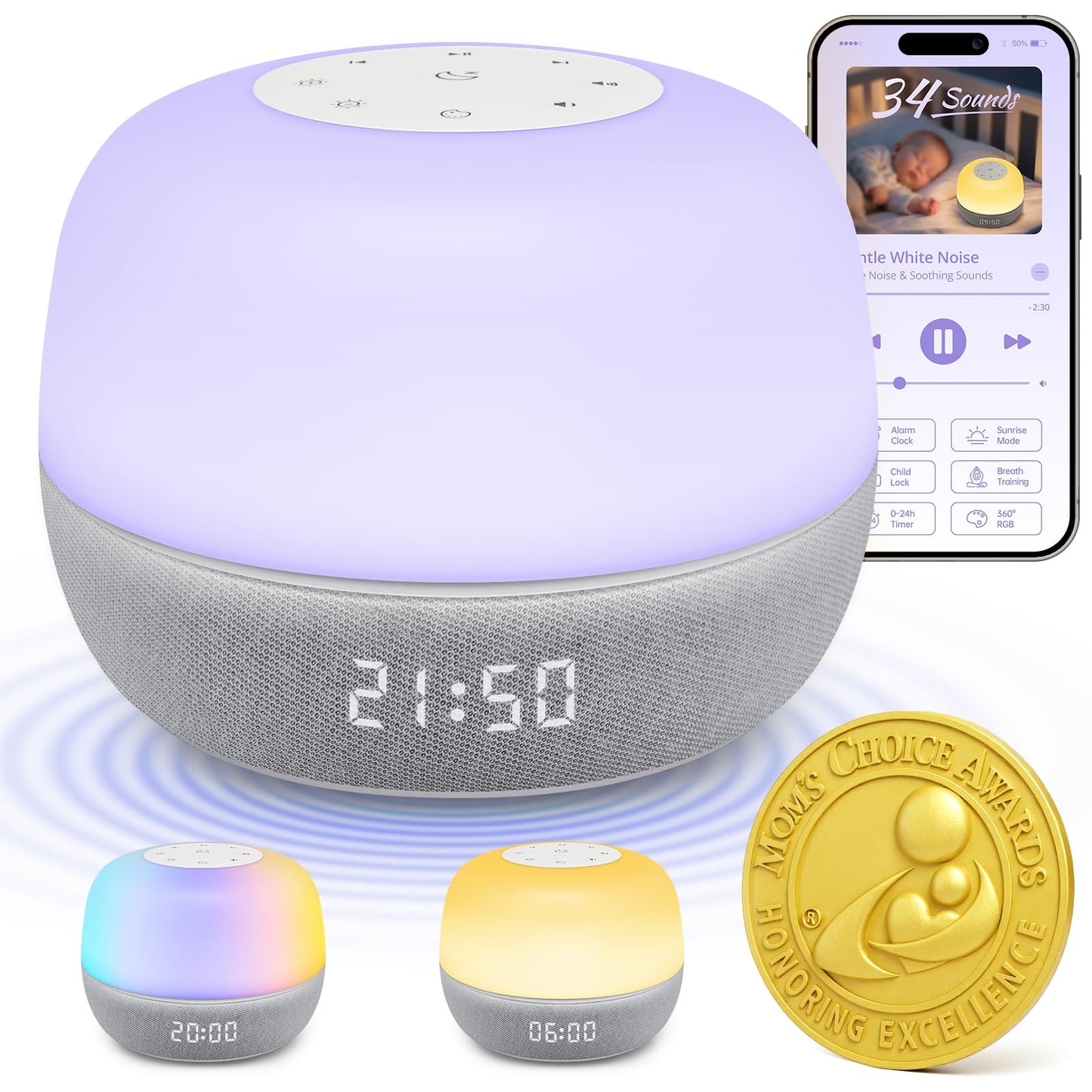 Mewaii 2025 Mom's Choice Award Sound Machine: Sunrise Alarm Clock, App Control, 360° RGB Night Light