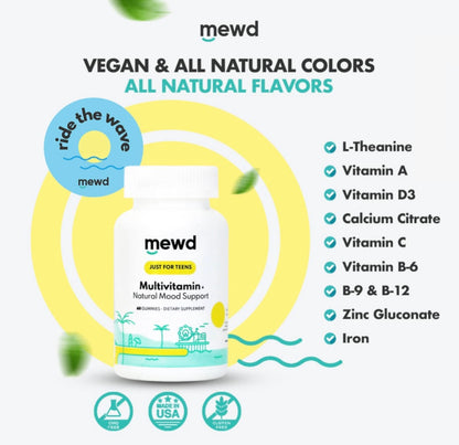MEWD Teen/Kids Daily Multivitamin Gummy - Mood, Focus & Immunity | Vegan, Gluten Free, Made in USA
