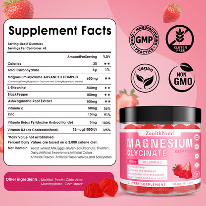 Magnesium Glycinate Gummies 400 mg with Ashwagandha – Sleep & Calm – 90 Count