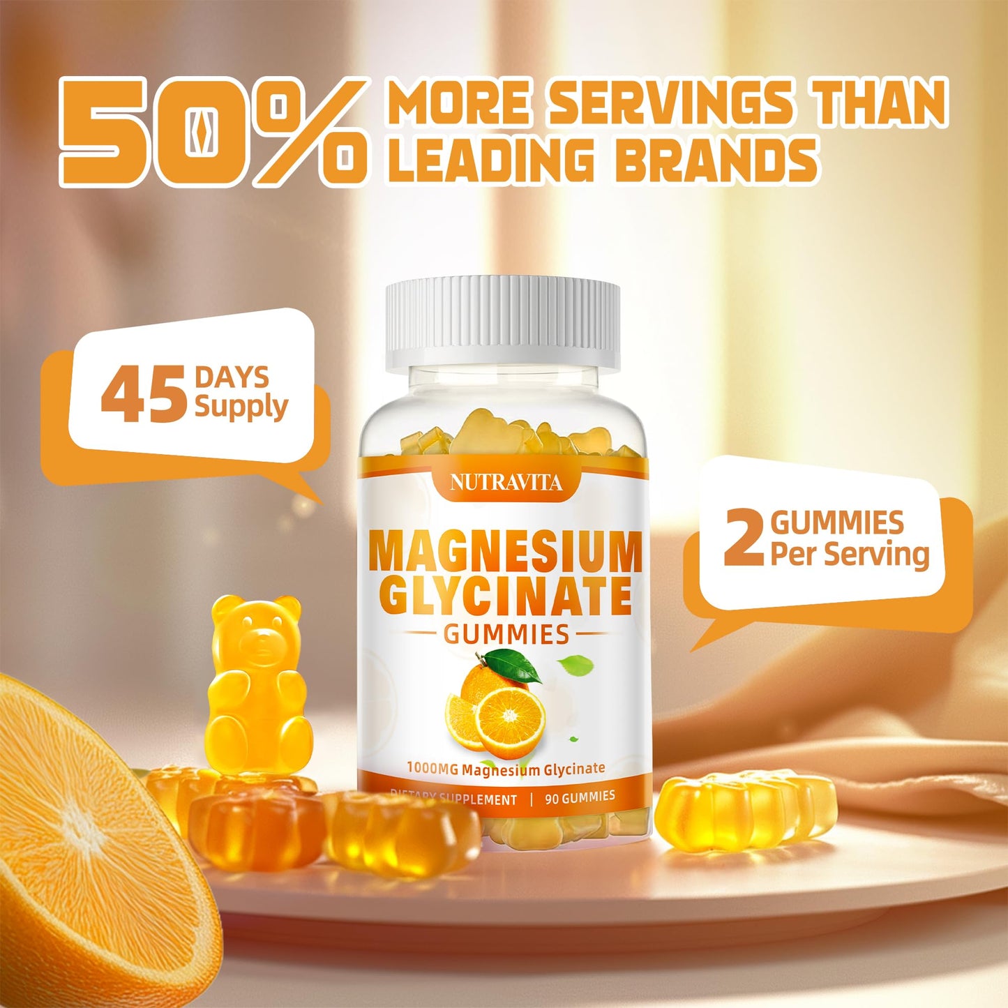 Magnesium Glycinate Gummies 1000mg + Magnesium L-Threonate — Chelated Mg Potassium Complex, Vitamin D, B6, CoQ10, Calcium | 90 Gummies Orange