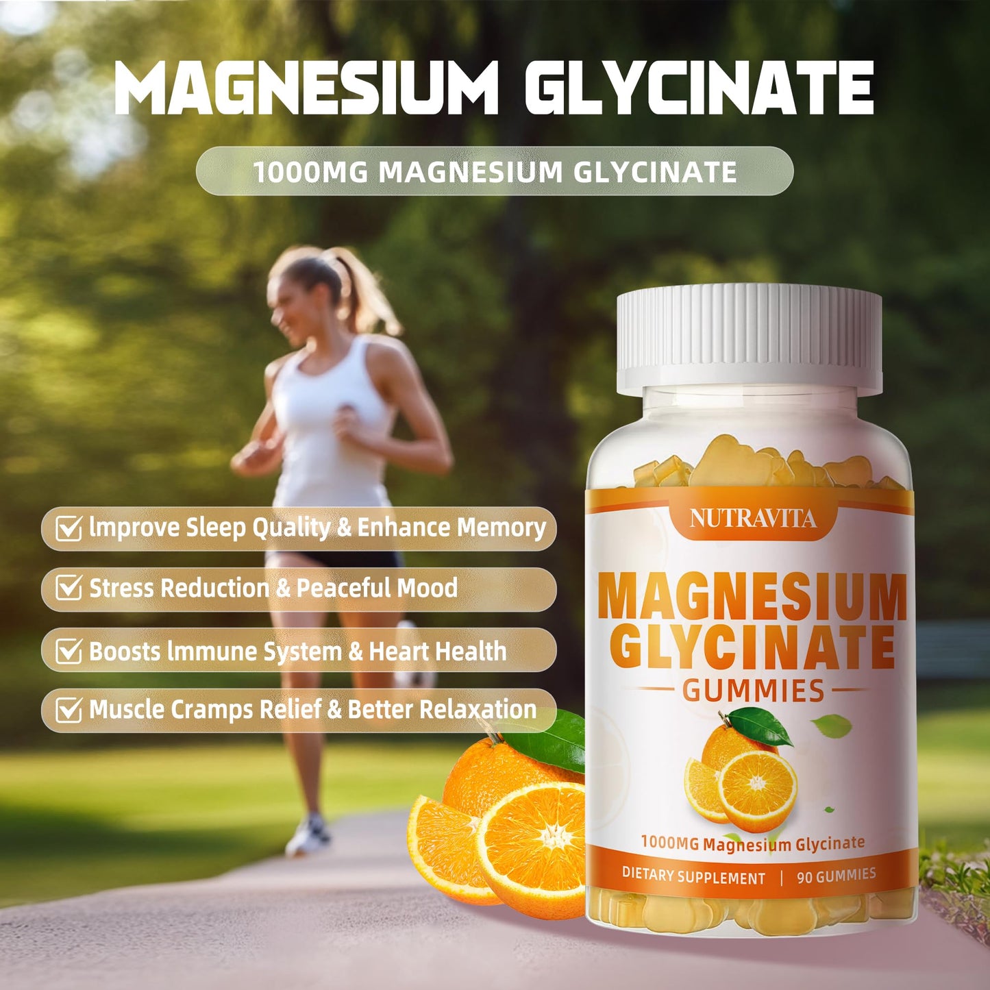 Magnesium Glycinate Gummies 1000mg + Magnesium L-Threonate — Chelated Mg Potassium Complex, Vitamin D, B6, CoQ10, Calcium | 90 Gummies Orange
