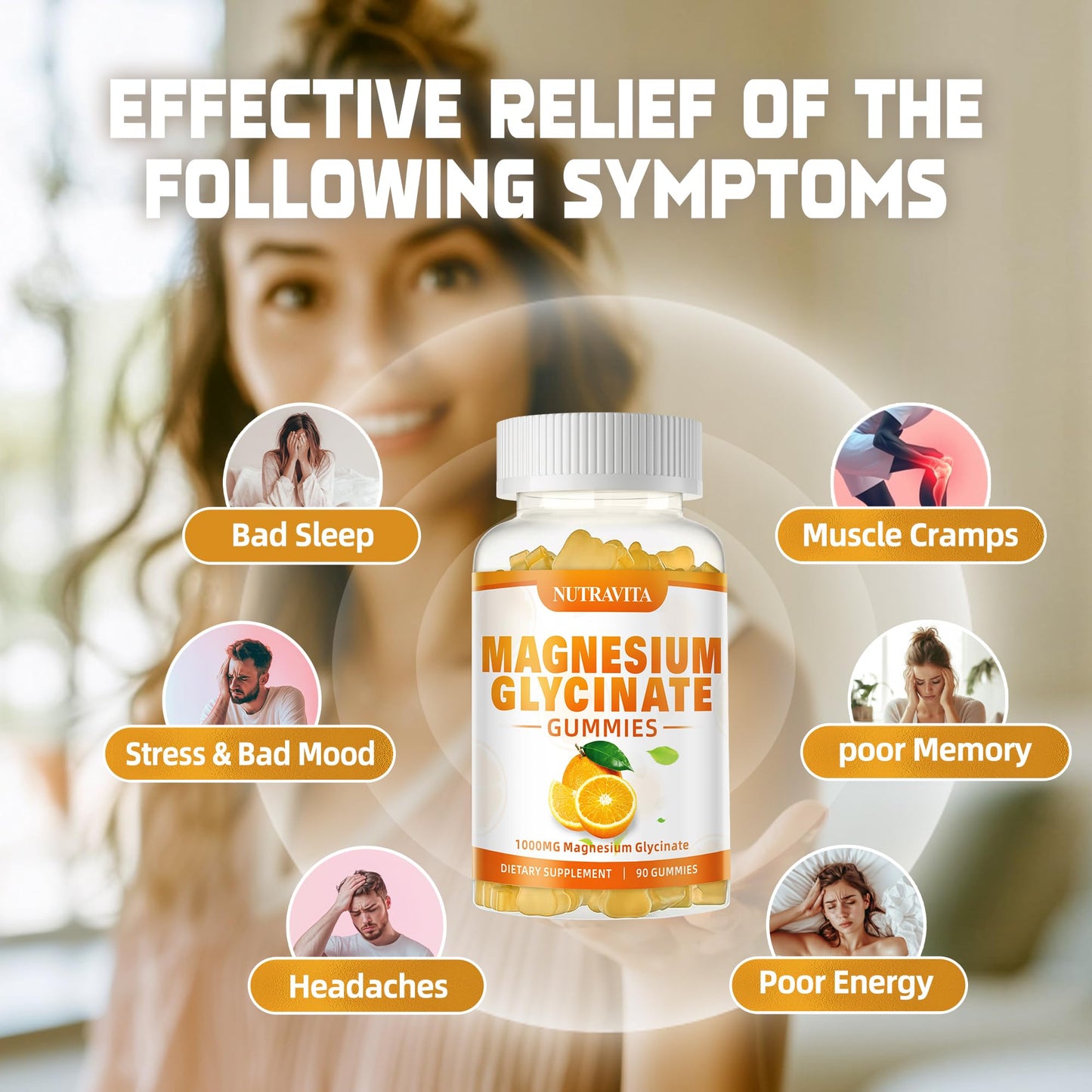Magnesium Glycinate Gummies 1000mg + Magnesium L-Threonate — Chelated Mg Potassium Complex, Vitamin D, B6, CoQ10, Calcium | 90 Gummies Orange