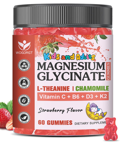 Magnesium Glycinate Gummies for Kids & Adults – Relaxation & Cognition Support (400/200mg) – Vegan, Sugar Free, Strawberry 60 Ct
