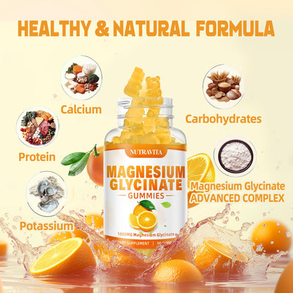 Magnesium Glycinate Gummies 1000mg + Magnesium L-Threonate — Chelated Mg Potassium Complex, Vitamin D, B6, CoQ10, Calcium | 90 Gummies Orange