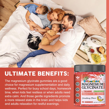 Magnesium Glycinate Gummies for Kids & Adults – Relaxation & Cognition Support (400/200mg) – Vegan, Sugar Free, Strawberry 60 Ct