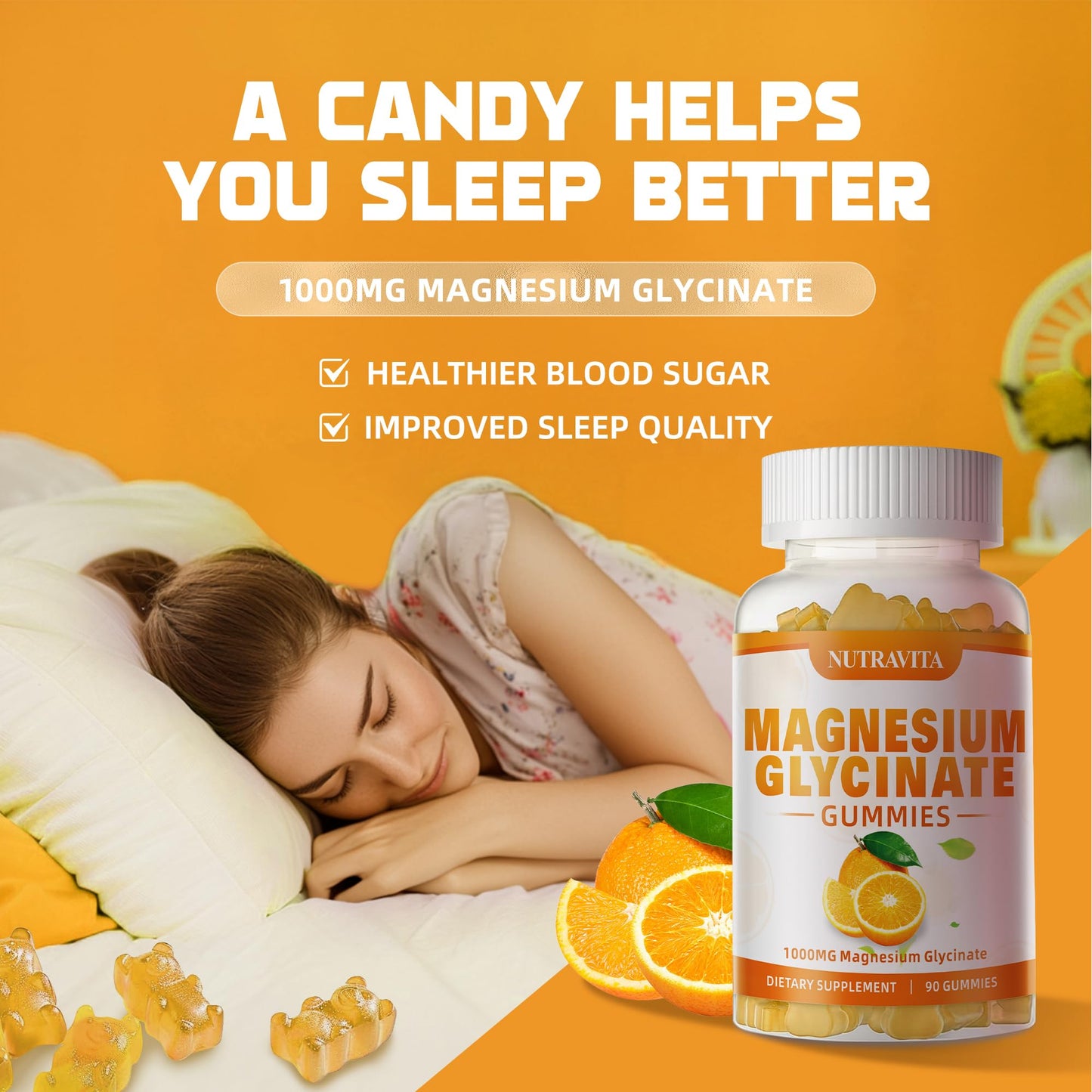 Magnesium Glycinate Gummies 1000mg + Magnesium L-Threonate — Chelated Mg Potassium Complex, Vitamin D, B6, CoQ10, Calcium | 90 Gummies Orange
