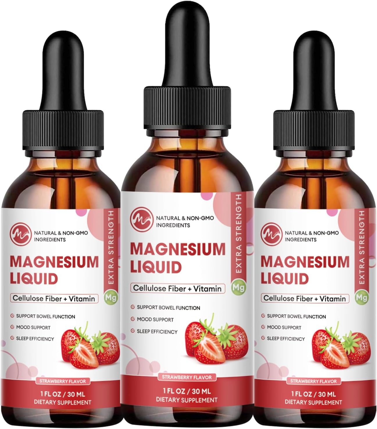 (3 Pack) Magnesium Glycinate Liquid Drops - High Absorption, Strawberry Flavor