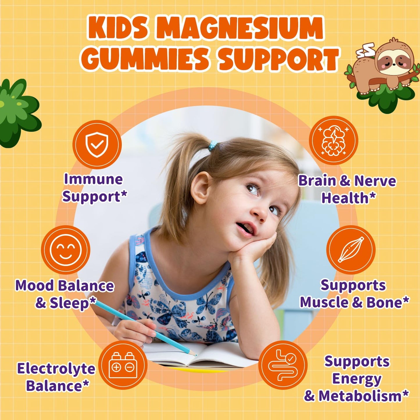 Magnesium Gummies for Kids & Adults - Vegan Orange 60ct (Glycinate, D3, B6)