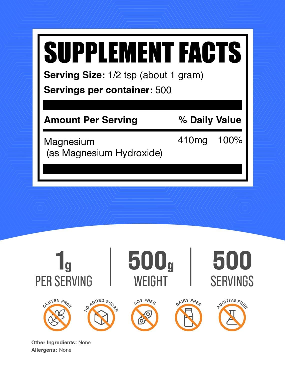 Magnesium Hydroxide Powder - Food Grade & Gluten Free, 500g | BulkSupplements