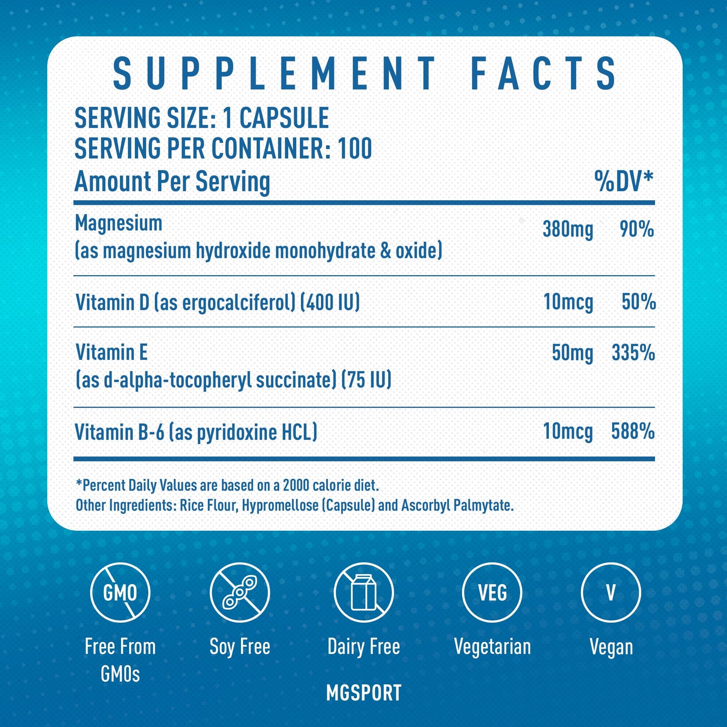 MGSPORT Magnesium Supplement Complex – High Absorption with Vitamin B6, D & E | 100 Servings