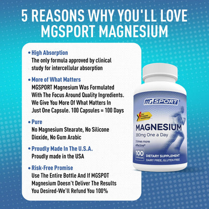 MGSPORT Magnesium Supplement Complex – High Absorption with Vitamin B6, D & E | 100 Servings